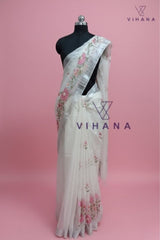 White Kota Doria Organza Silk Saree