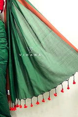 Bottle Green Khadi Cotton Saree with Red Orange Border