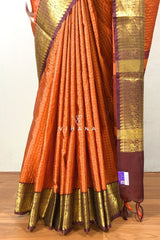 Rust Orange Banarasi Katan Silk Check Design Saree with Burgundy Border