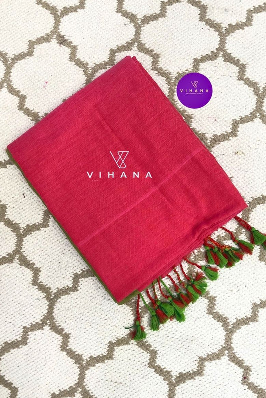 Pink Peach Khadi Cotton Saree with Green Border