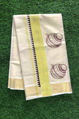 Kerala Tissue Kasavu set Saree With Butter Pot Motif