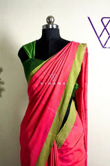 Pink Peach Khadi Cotton Saree with Green Border