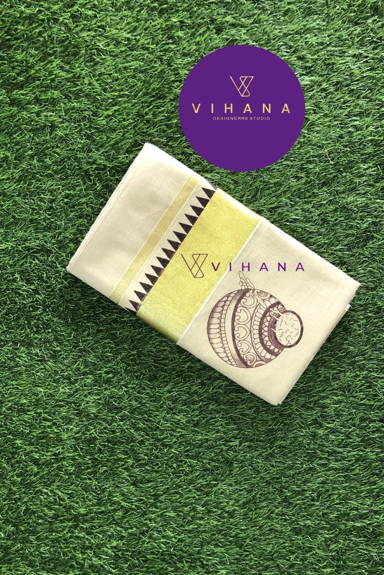 Kerala Tissue Kasavu set Saree With Butter Pot Motif
