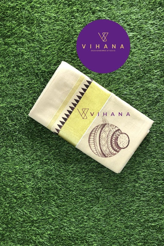 Kerala Tissue Kasavu set Saree With Butter Pot Motif-VS150