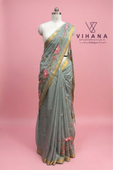 Grey Kota Doria Organza Silk Saree
