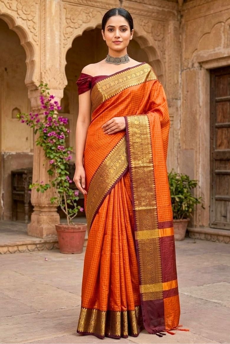Rust Orange Banarasi Katan Silk Check Design Saree with Burgundy Border