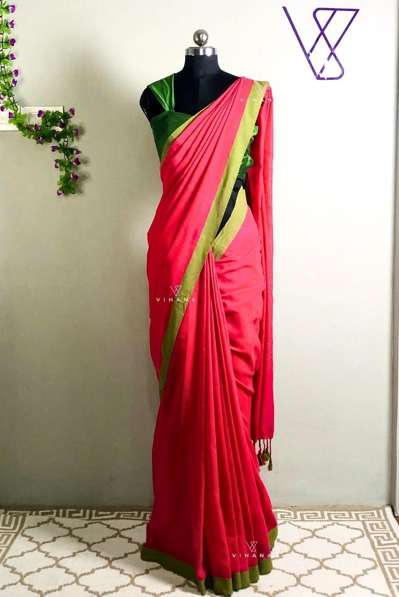 Pink Peach Khadi Cotton Saree with Green Border