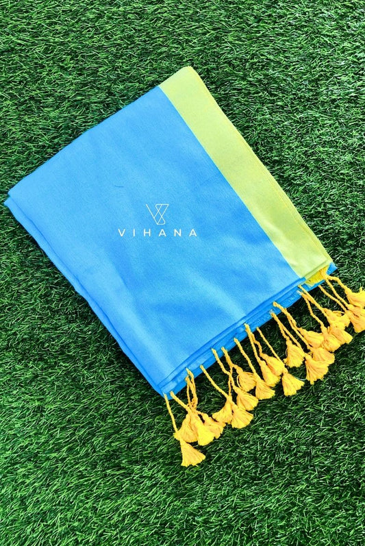 Light Blue Khadi Cotton Saree with Lime Green Border