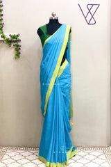 Light Blue Khadi Cotton Saree with Lime Green Border