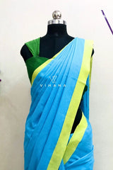 Light Blue Khadi Cotton Saree with Lime Green Border