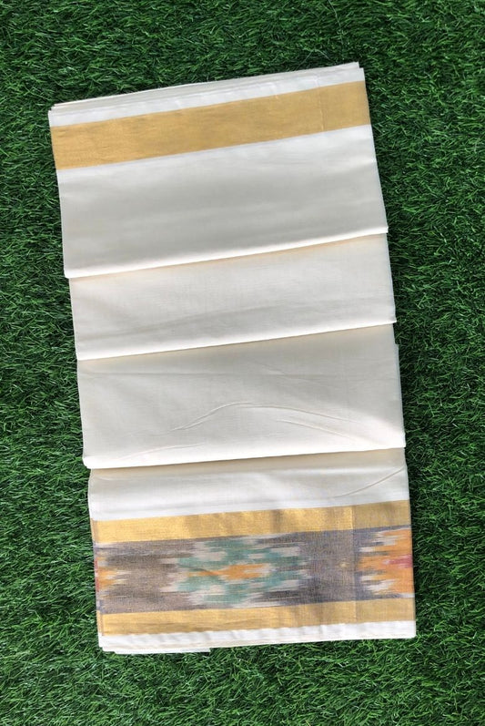 Kerala Cotton Set Saree with Golden Zari and Ikat Border