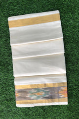 Kerala Cotton Set Saree with Golden Zari and Ikat Border