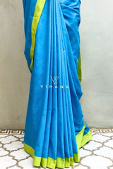 Light Blue Khadi Cotton Saree with Lime Green Border