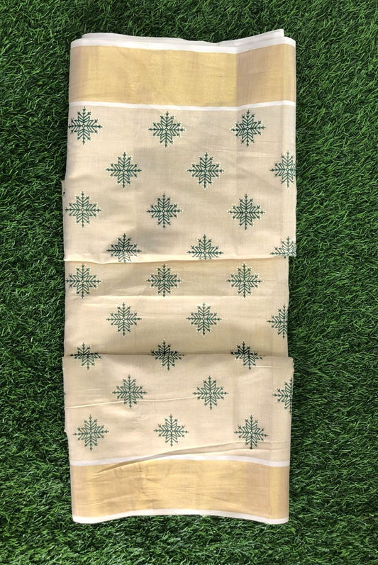 Kerala Golden Tissue Set Saree with Golden Kasavu Border and Green Leaf Prints