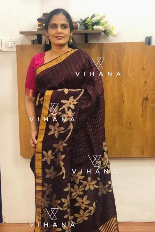 Wine Linen Cotton Jamdhani Weave Saree