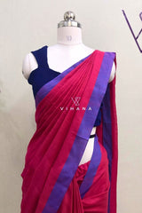 Rani Pink Khadi Cotton Saree with Blue and Violet Border