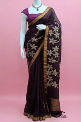 Wine Linen Cotton Jamdhani Weave Saree