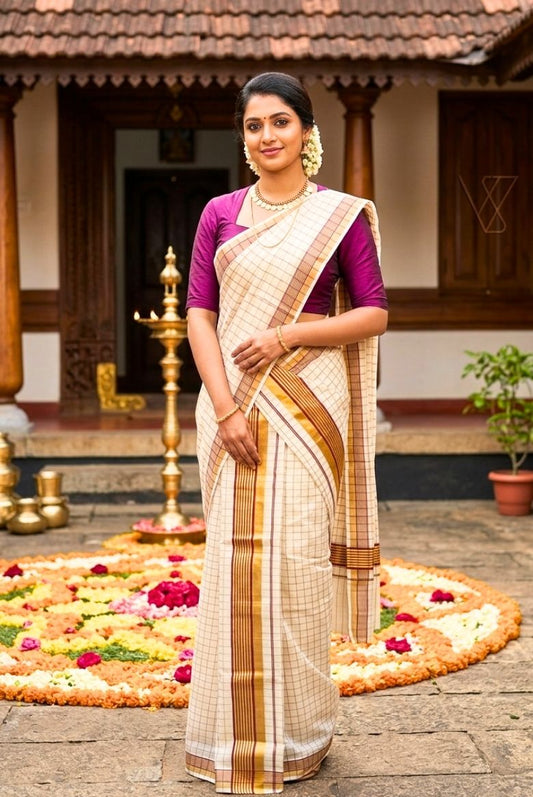 Kerala Cotton Set Mundu with Classic Check and Rich Kasavu Border