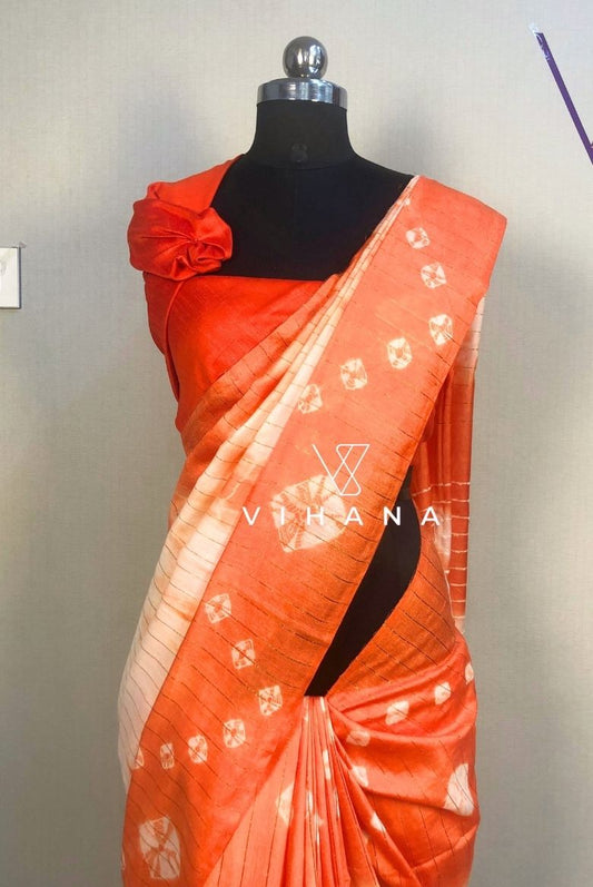 Orange White Kota Silk Tie and Dye Bandni Print Saree