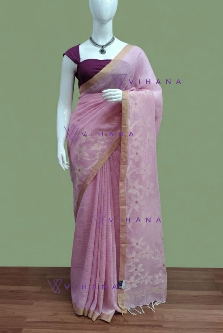 Light Pink Linen Cotton Jamdhani Floral Weave Sareee