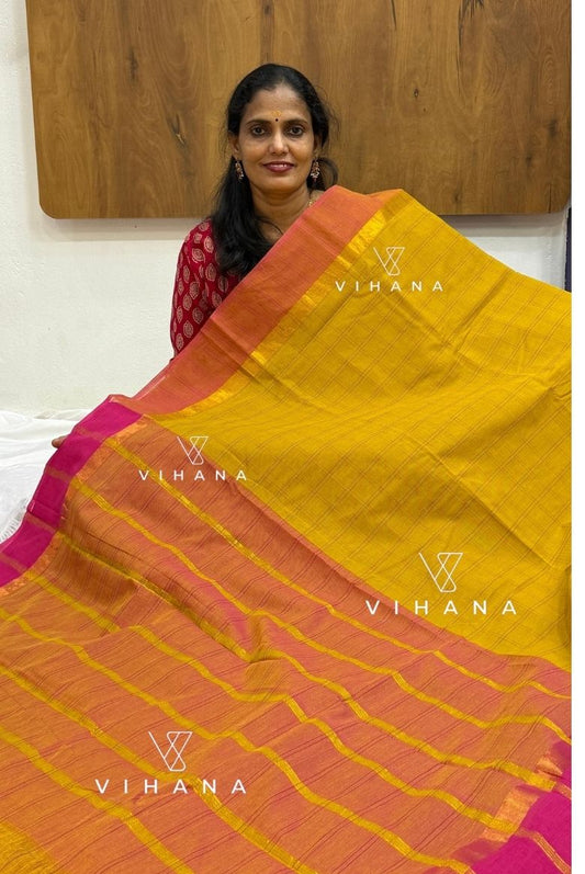 Yellow Village Cotton Saree with Check Pattern