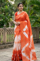 Orange White Kota Silk Tie and Dye Bandni Print Saree