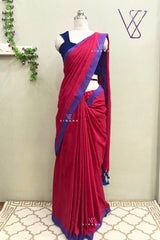 Rani Pink Khadi Cotton Saree with Blue and Violet Border