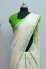 Parrot Green Puliyilakara Set Saree
