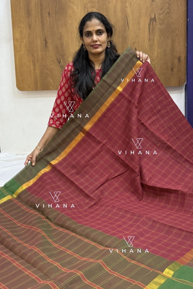 Maroon Village Cotton Saree with Check Pattern