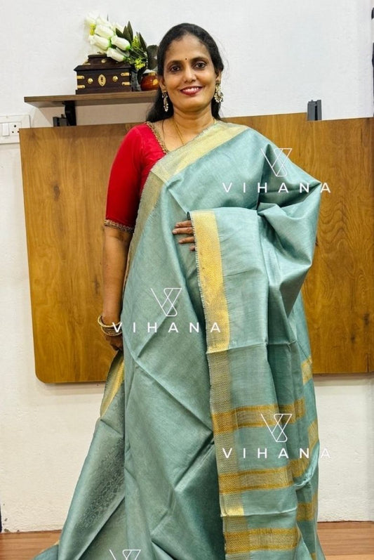 Pastel Teal Blue Maheswari Semi Tussar Silk Saree