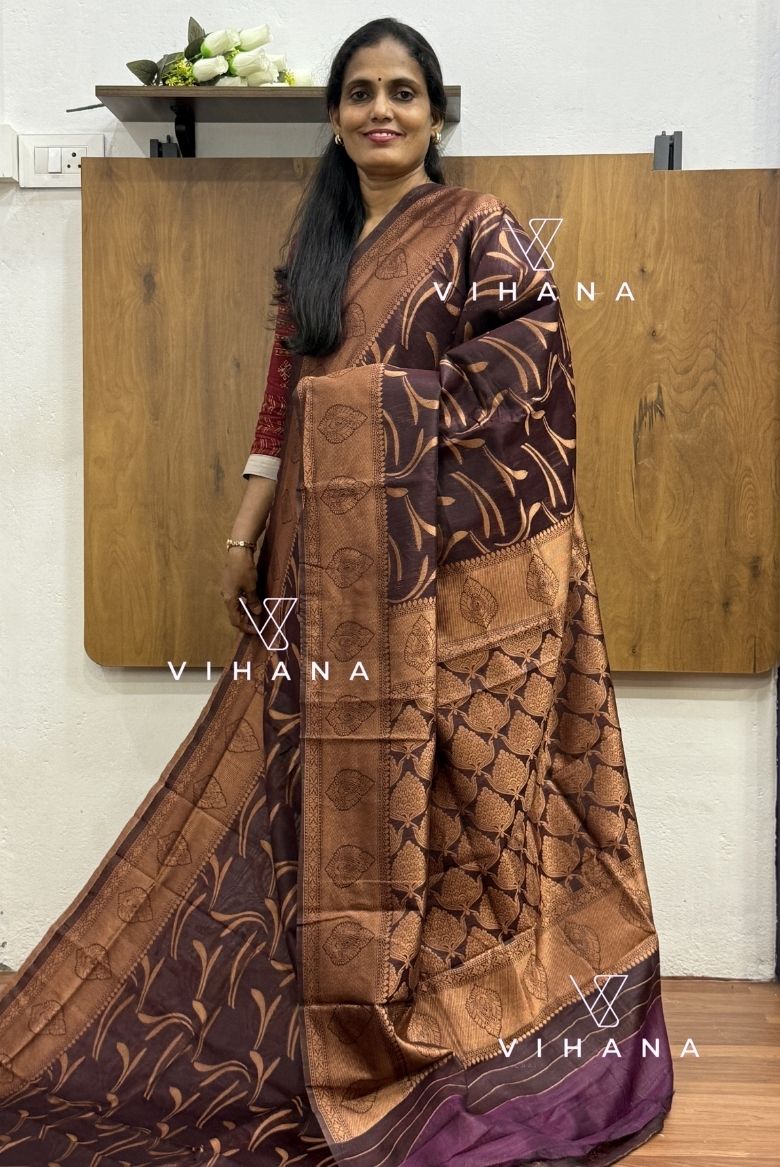 Rich Chocolate Brown Semi Banarassi Silk Saree