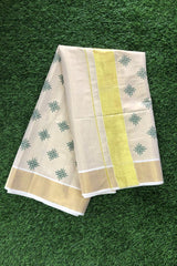 Kerala Golden Tissue Set Saree with Golden Kasavu Border and Green Leaf Prints