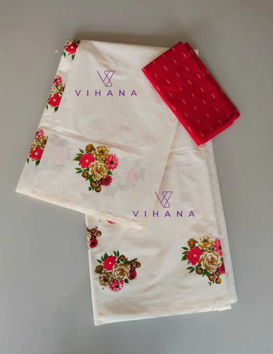 Kerala Set Saree with Floral Print Design-VS350