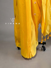 Khadhi Cotton Saree Yellow Silve Flower Embroidery- VS510