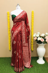 Dark Red Kota Silk Katwar Batik Print Saree