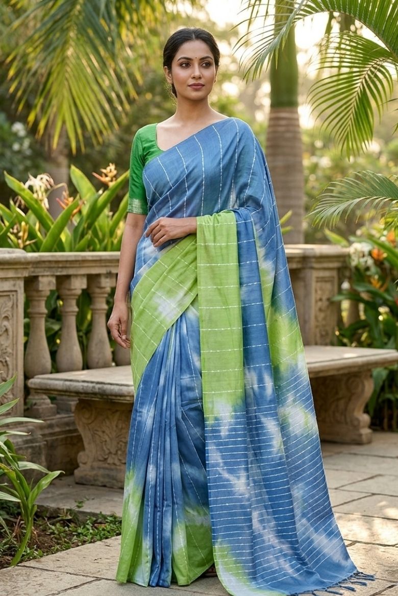 Blue Green Kota Silk Tie and Dye Bandni Print Saree
