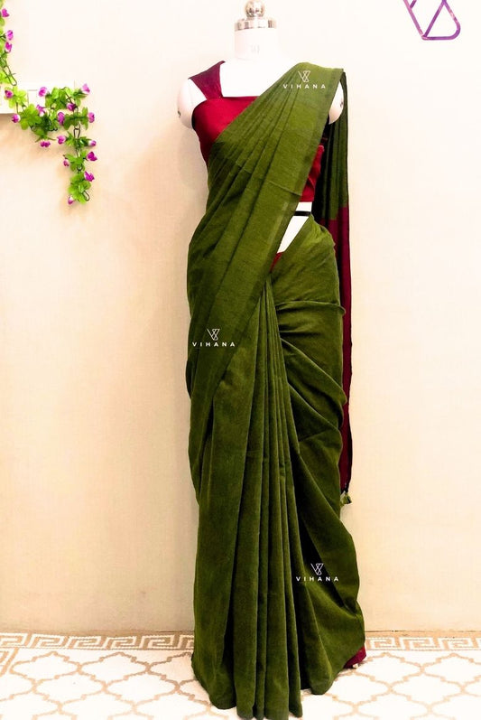 Olive Green Khadi Cotton Saree