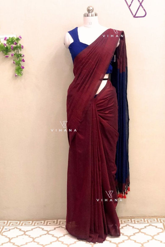 Dark Maroon Khadi Cotton Saree