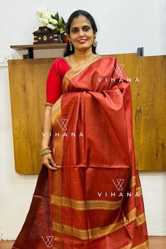 Brick Red Maheswari Semi Tussar Silk Saree-VS018