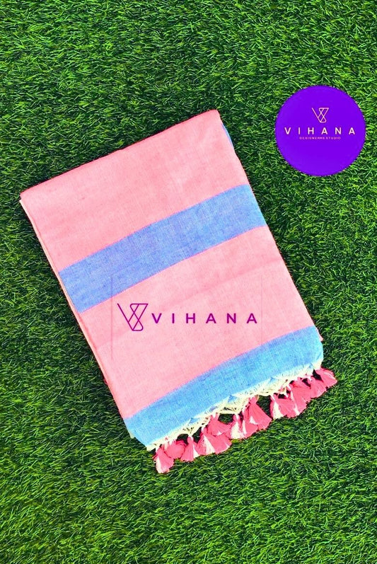 Soft Pink with Multicolor Stripes Premium Cotton Saree