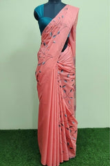 Coral Peach Kota Munga Silk Embroidery Saree