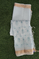 Icy Blue Kota Doriya Organza Silk Saree with Floral Embroidery