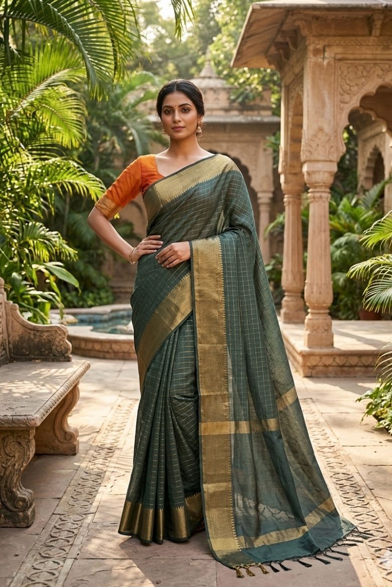 Dark Green Kota Mini Check Mangalagiri Silk