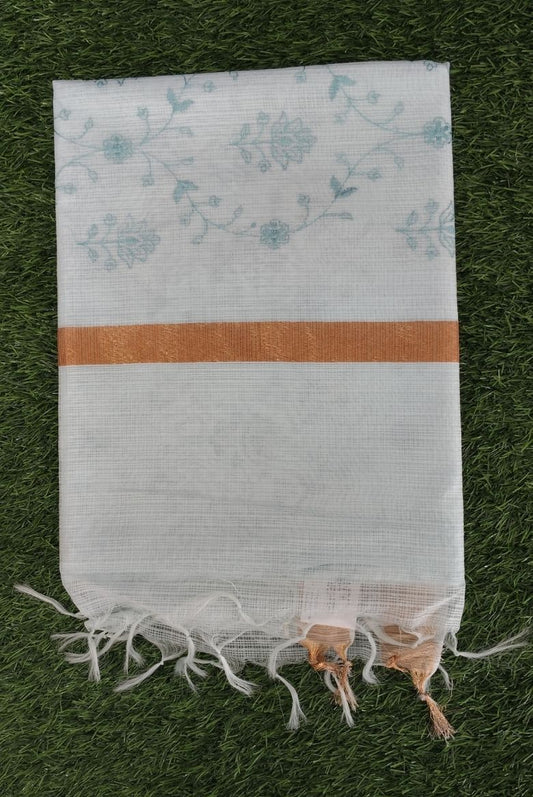 Icy Blue Kota Doriya Organza Silk Saree with Floral Embroidery