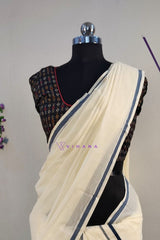 Kerala Cotton Set Mundu with Teal Blue Border
