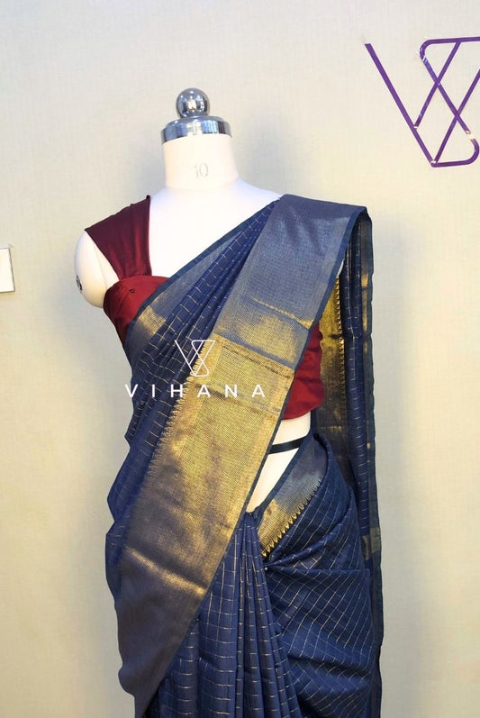 Navy Blue Kota Mini Check Mangalagiri Silk