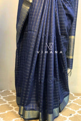 Navy Blue Kota Mini Check Mangalagiri Silk