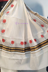 Kerala Cotton Set Mundu with Red Rose and Black Honey Comb Mesh Designs