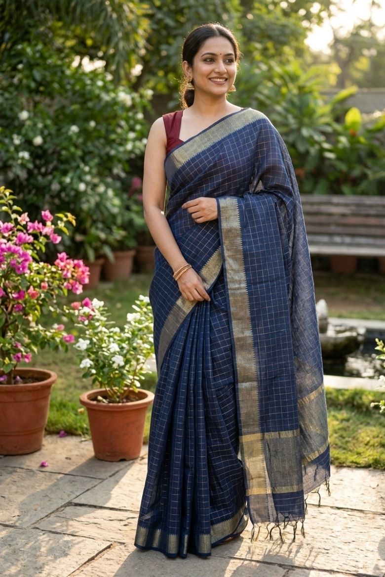 Navy Blue Kota Mini Check Mangalagiri Silk