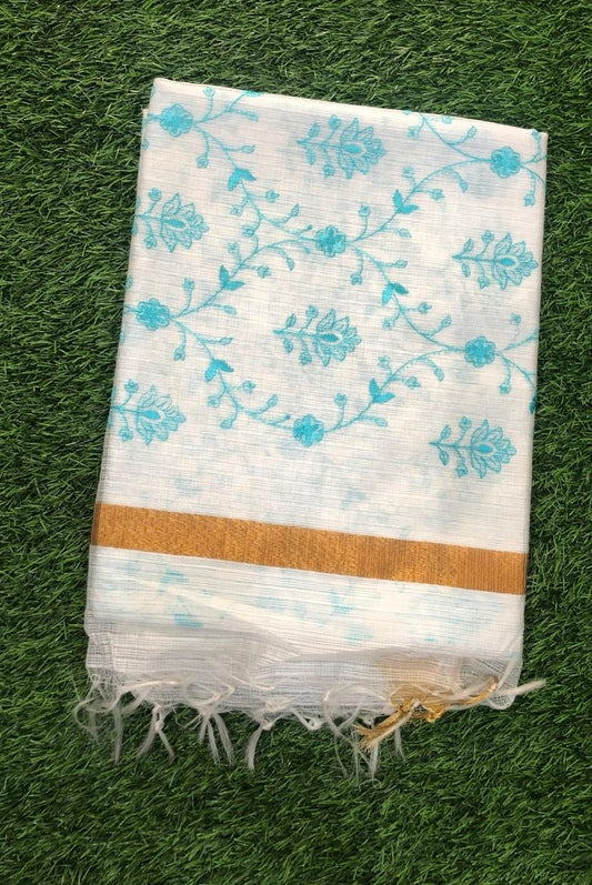 White Kota Doriya Organza Silk Saree with Floral Embroidery